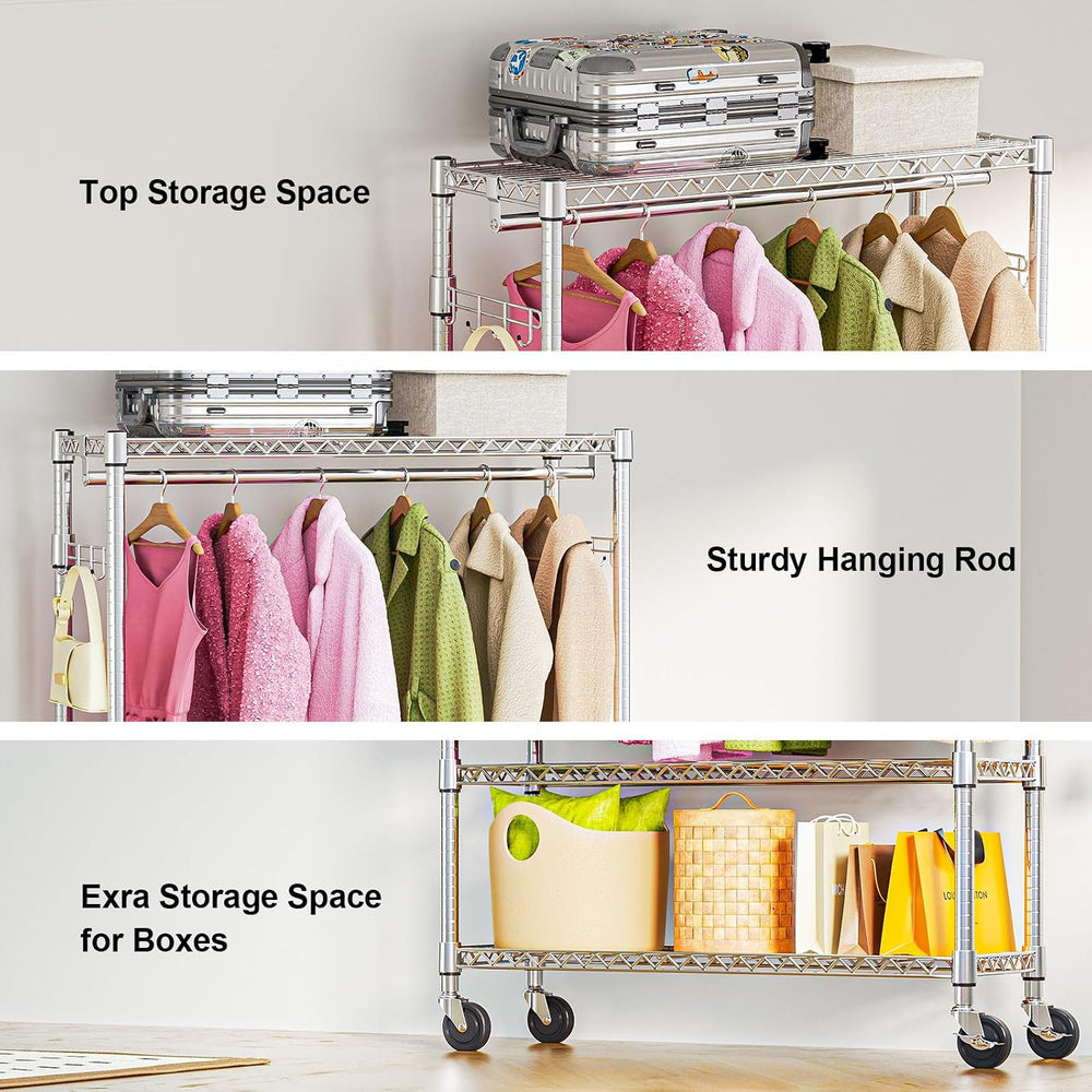 M MZG Heavy Duty Rolling Garment Rack 3 Tiers Adjustable Wire Shelving Clothe...
