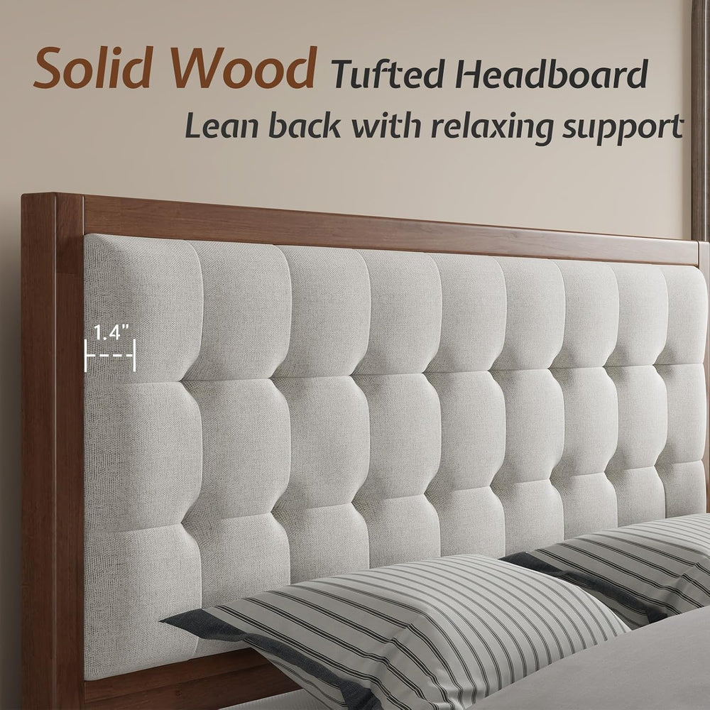 Jocisland Solid Wood King Bed Frame, 50" Tall Upholstered Headboard,Walnut