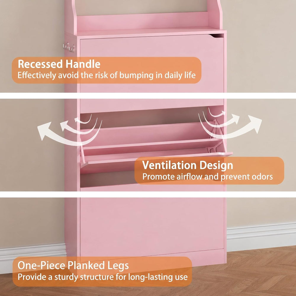 Pink Hidden Shoe Cabinet with 3 Flip Drawers & Coat Rack, Entryway