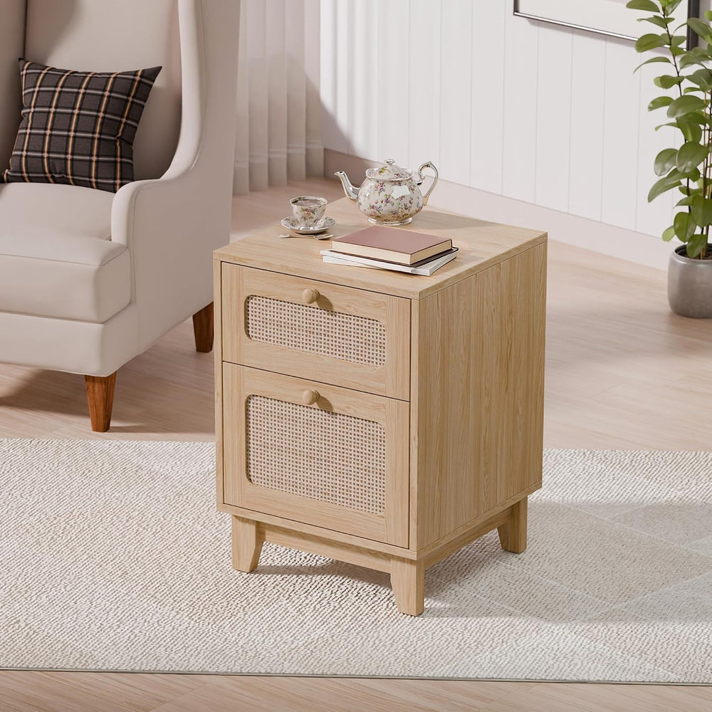 Rattan Nightstand, Boho Side Table with Drawer, Cane Accent Bedside End Table...