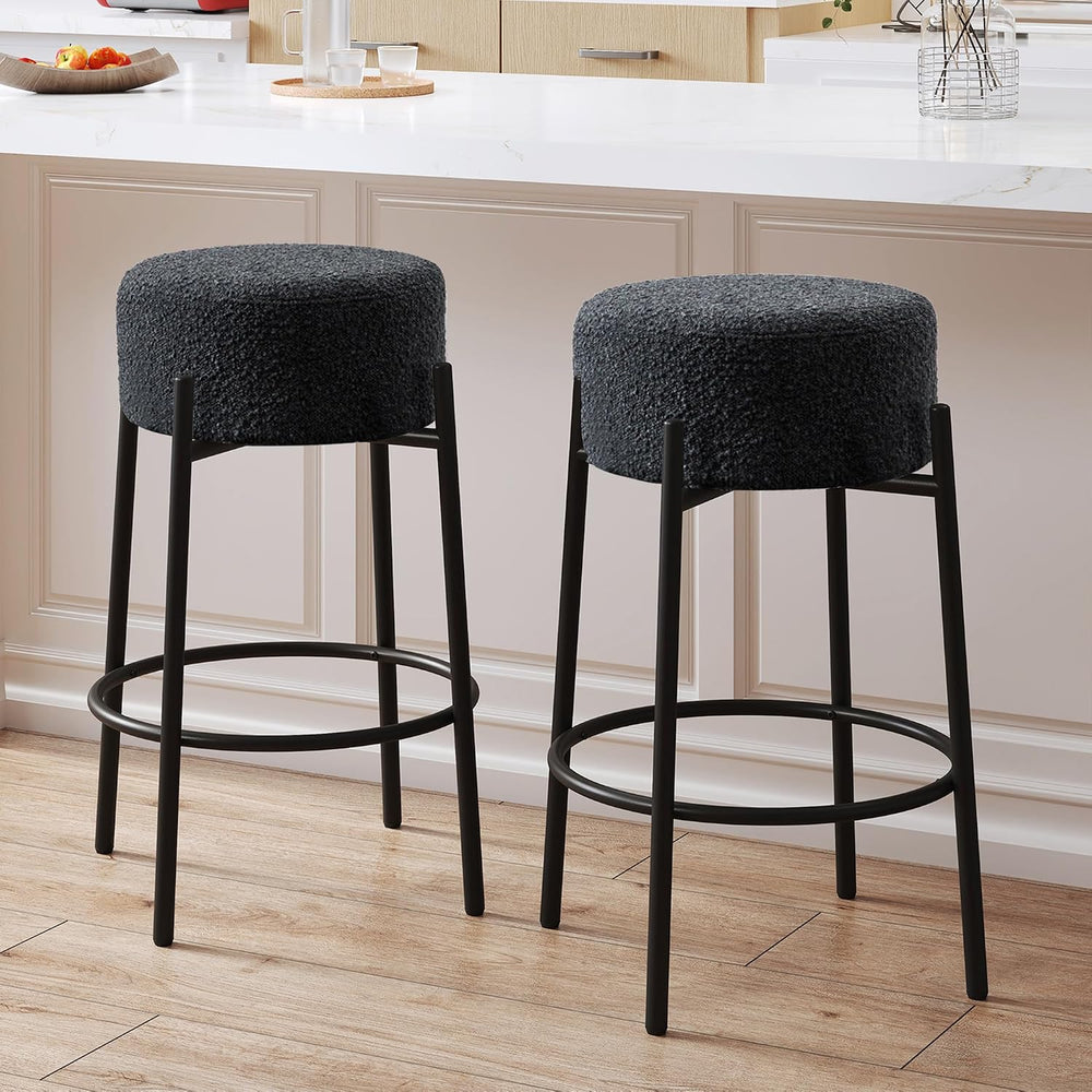 Boucle Backless Counter Stools Set of 2, Modern Swivel Bar Stools with Round ...