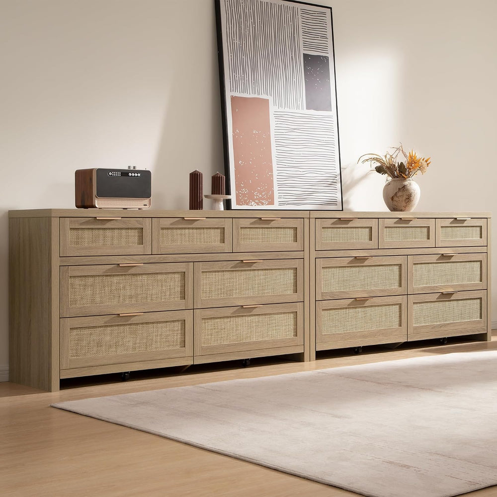 SICOTAS 7 Drawer Dressers for Bedroom Set 2, Long Rattan Dresser, Dresser TV ...