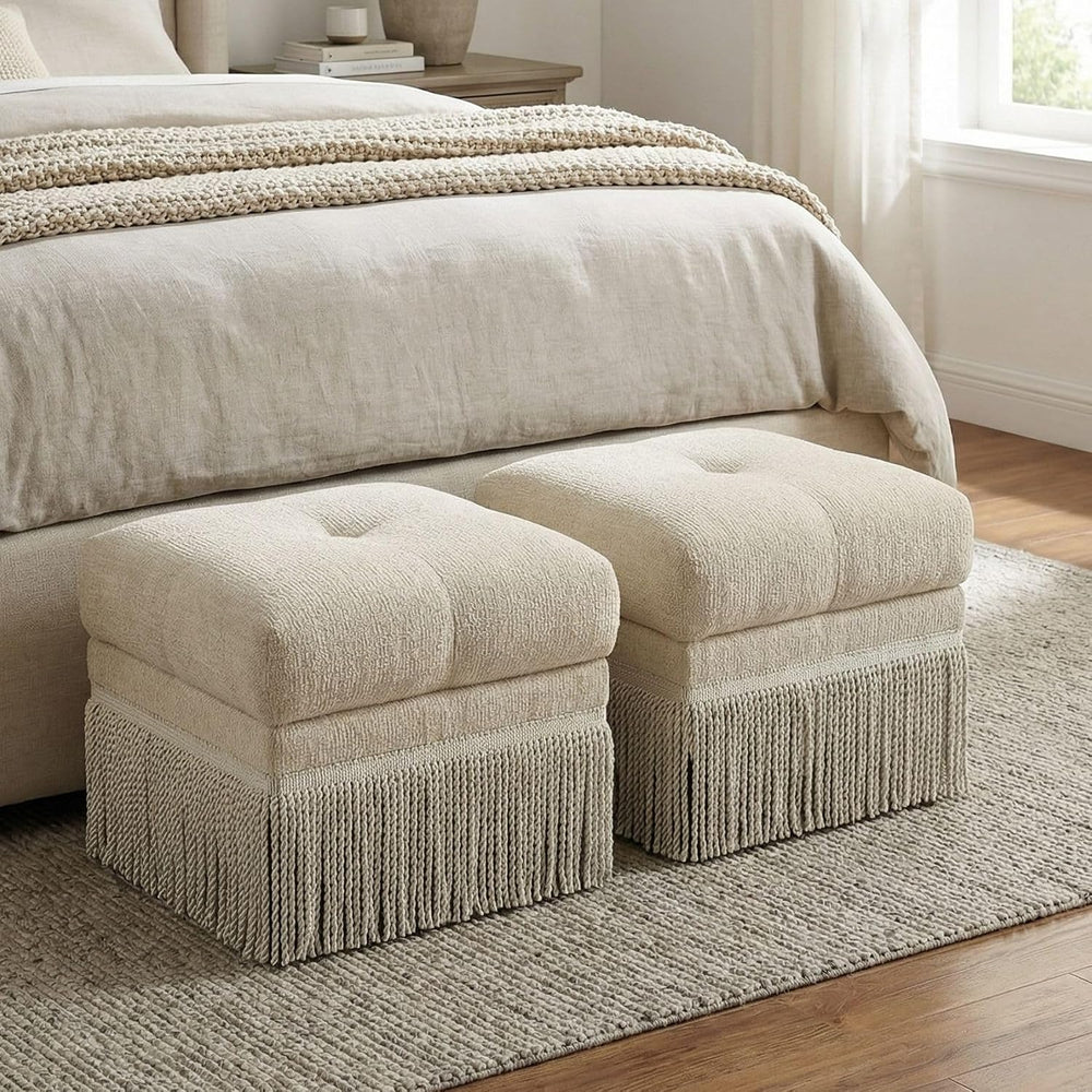 Hyfirm Upholstered Ottoman Footstool with Fringe Skirt, 21.5" Square