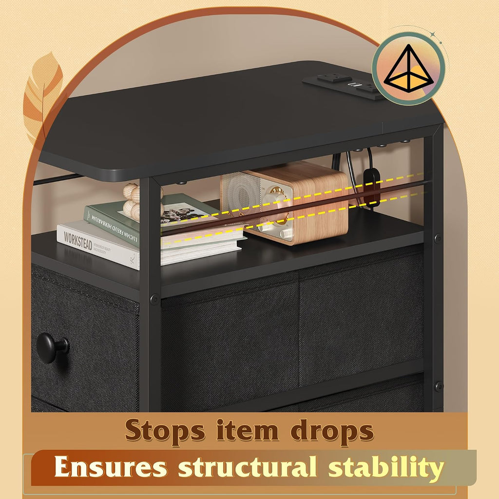 WLIVE Night Stand with Charging Station, End Table with 3 Fabric Drawers
