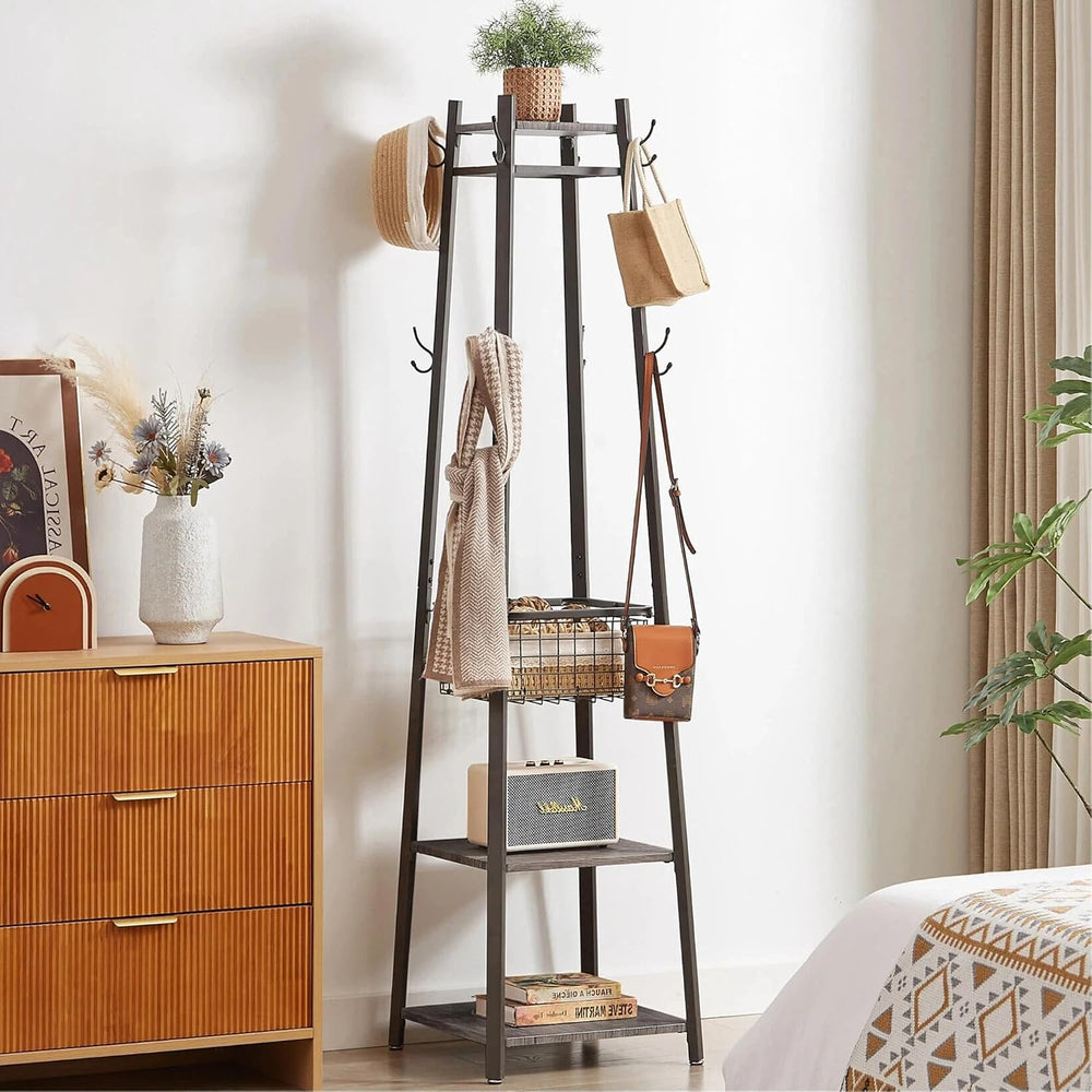 VECELO Coat Rack Freestanding,Hall Tree with Metal Basket and Storage Shelves...