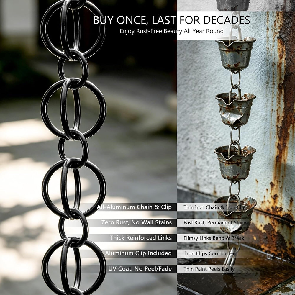 3 ft Aluminum Rain Chain for Gutters Outside, 2.6in Big Ring Link
