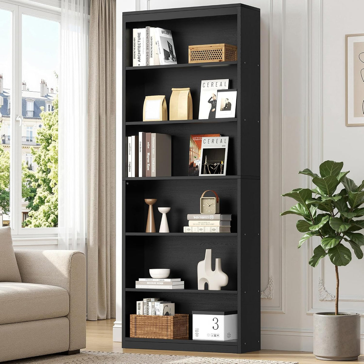 Vongrasig 71" H Tall Bookshelf, Modern Wood Display Bookcase, Black
