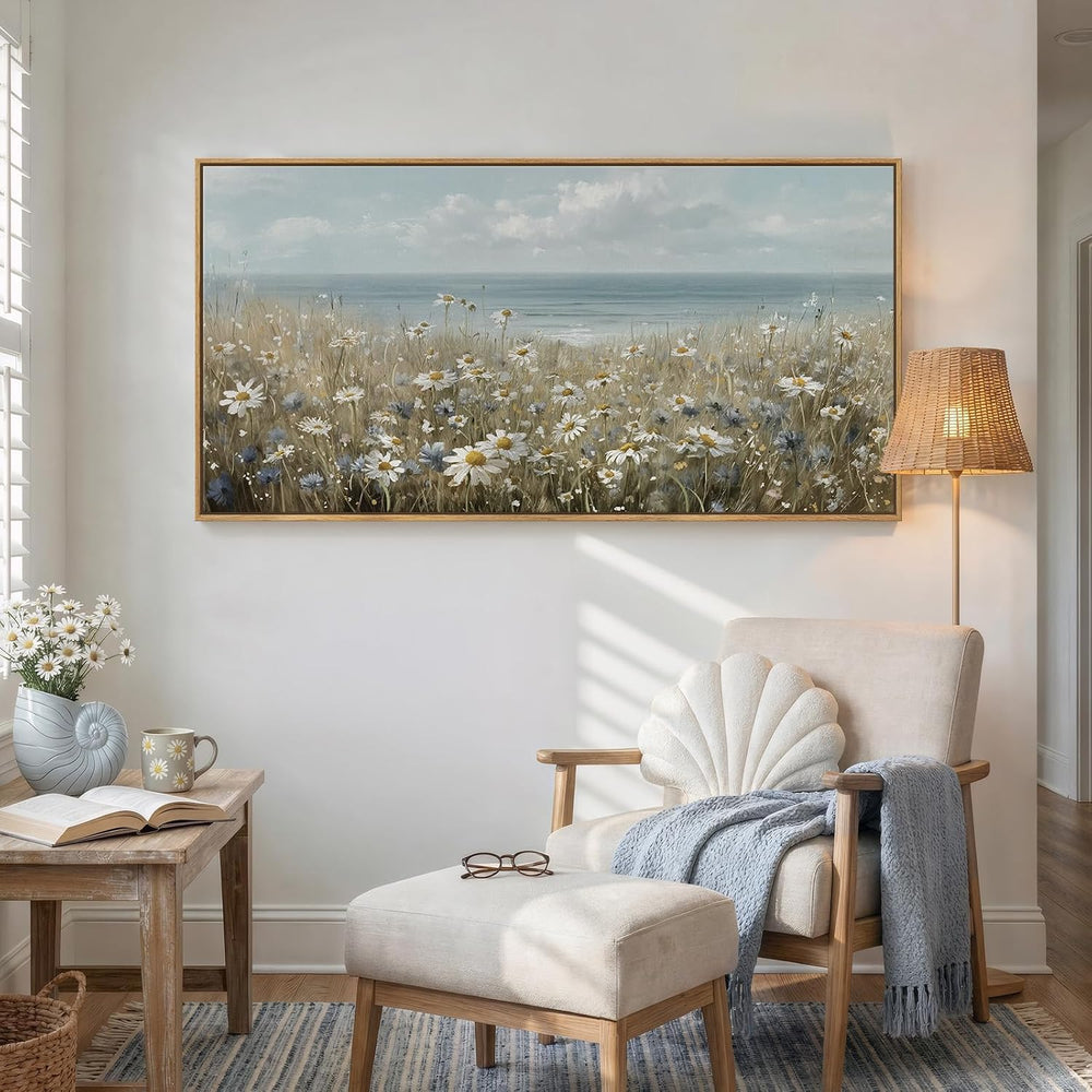 Large Framed Coastal Wildflower Landscape Wall Art for Living Room, 60x30
