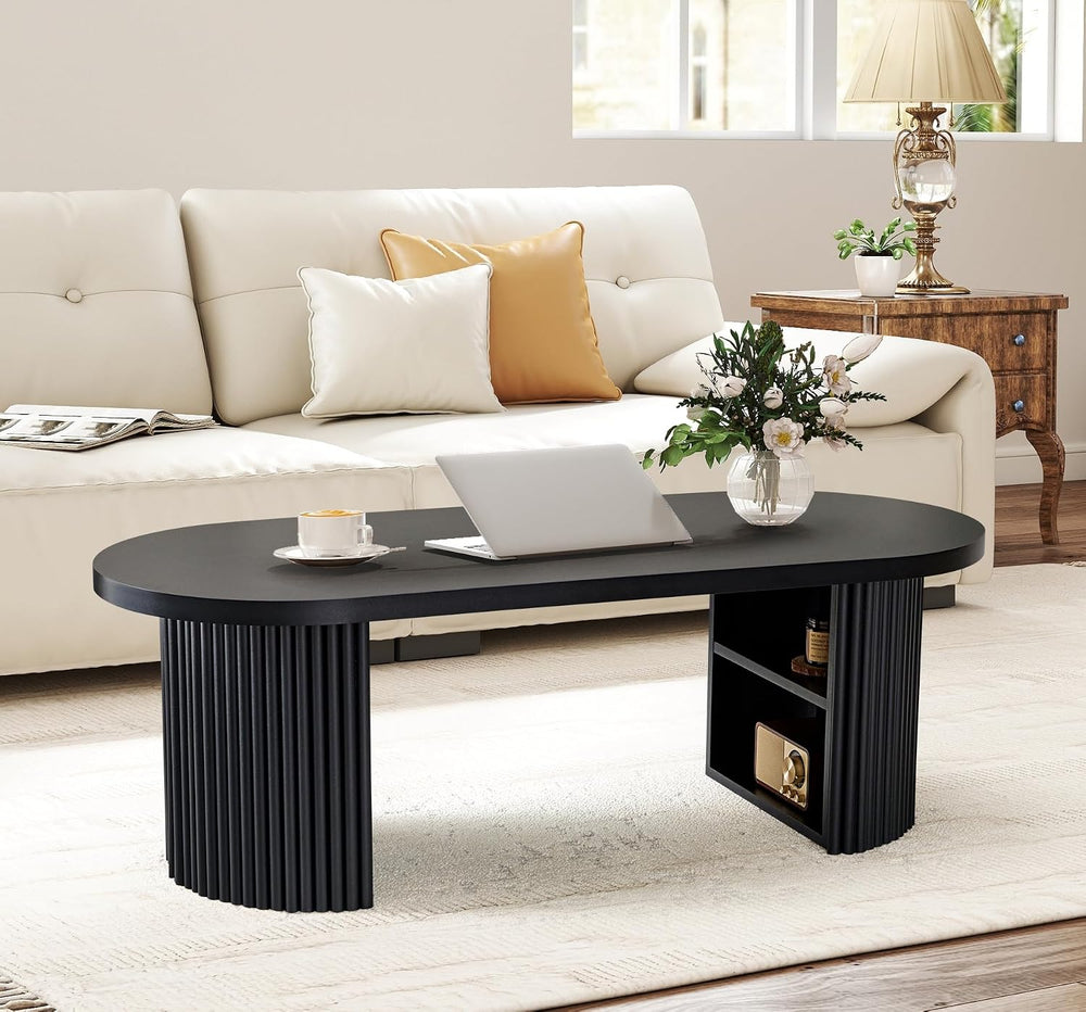 Oval Fluted Coffee Table, 47" Farmhouse Wood Coffee Table Mid Century Mo...
