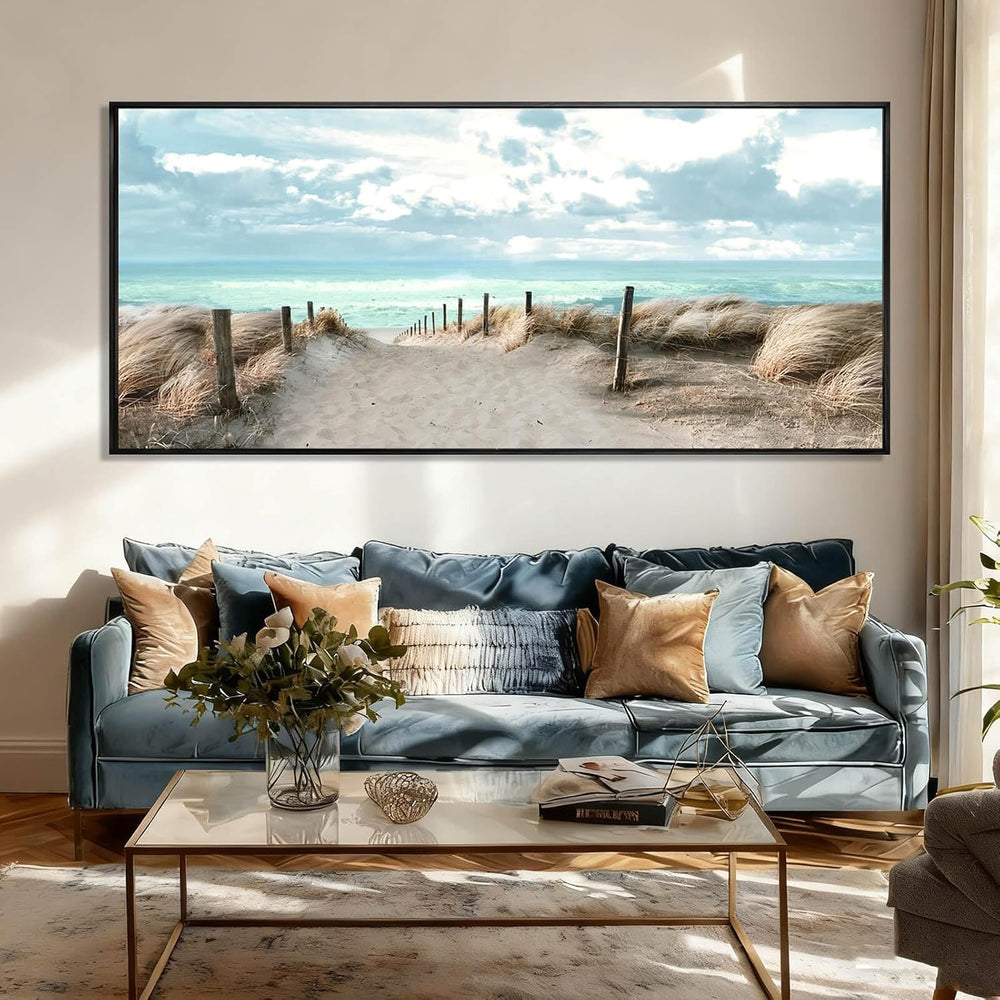 Oversized Framed Beach Coastal Ocean Wall Art,Landscape Nature Wall Decor,