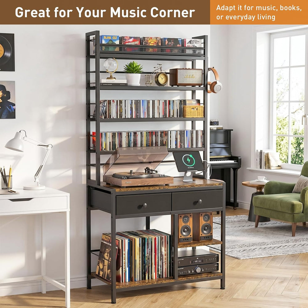 ikkle Tall CD Rack with Power Outlet & Drawers, 8-Tier DVD Storage Shelf