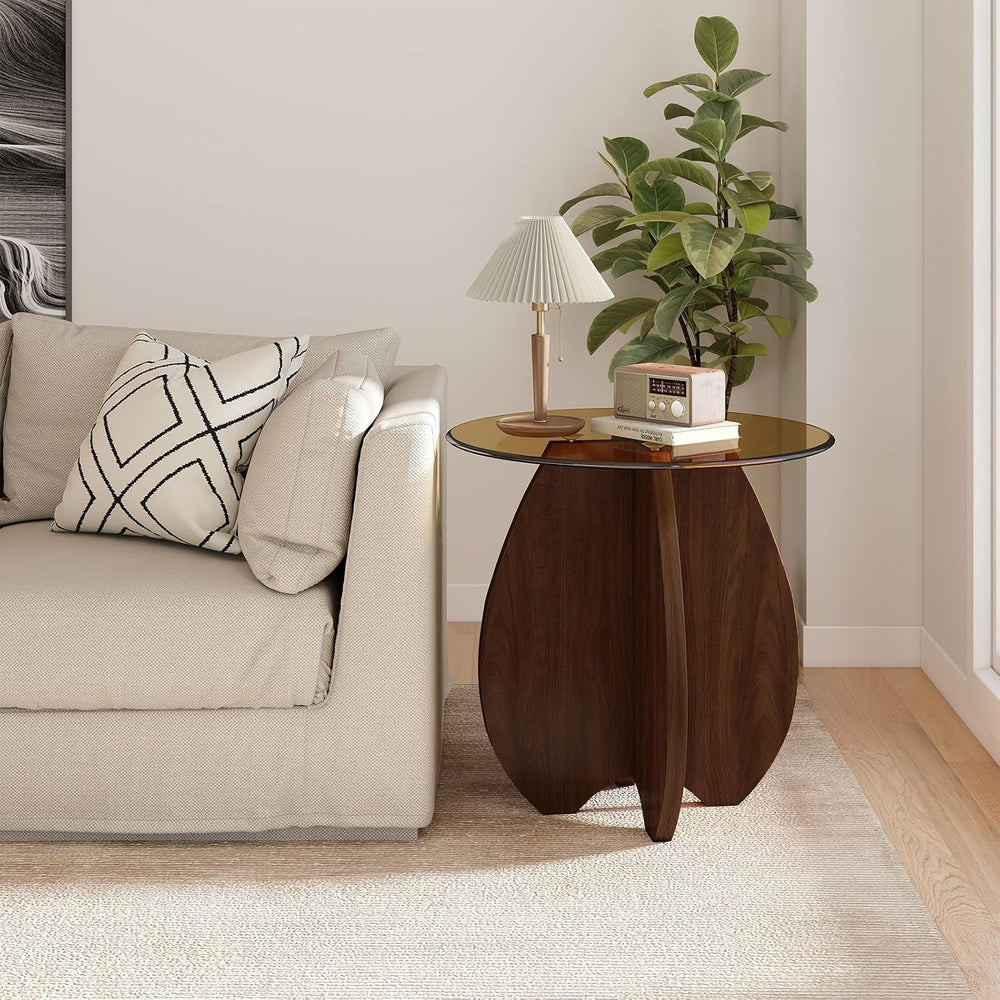 Shell-Shaped Coffee & Side Table with MDF Frame & Amber Tempered Glas...