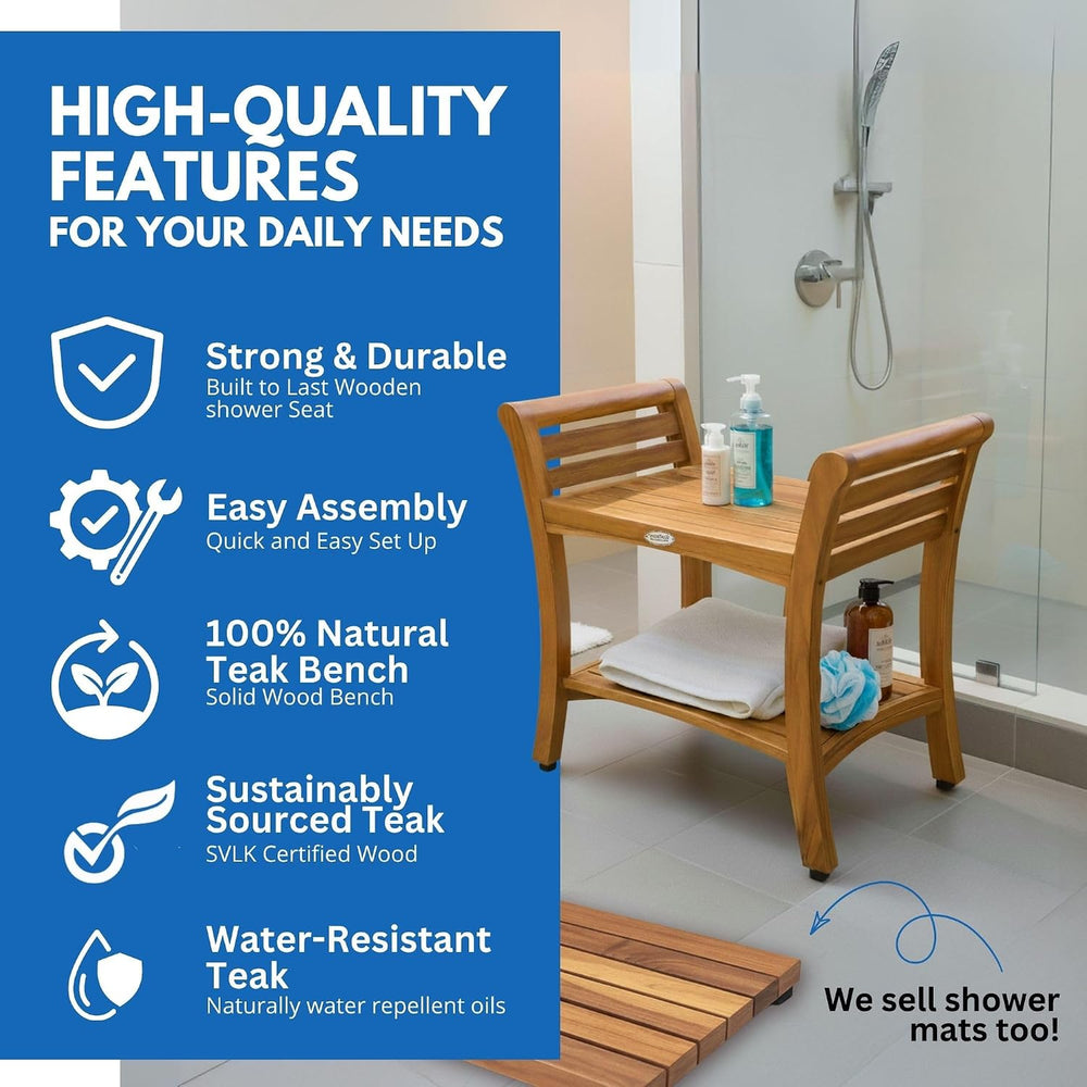 EcoDecors Symmetry 24-Inch Teak Shower Bench with Shelf