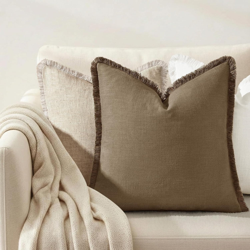 decorUhome Linen Fringe Light Brown Throw Pillow Covers 24x24 Set of 2