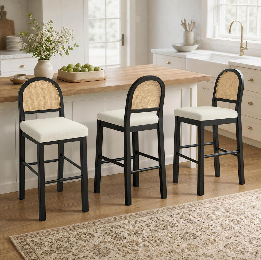 KISLOT Upholstered Rattan Bar Stools, 30'' Bar Height, Set of 3, Black