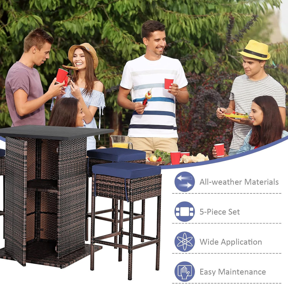 Tangkula 5 Piece Rattan Bar Table and Chairs Set Wirth 4 Cushioned Stools