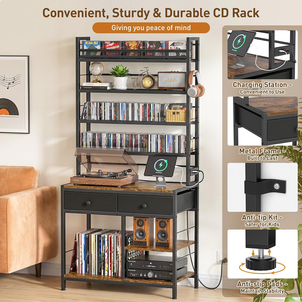 ikkle Tall CD Rack with Power Outlet & Drawers, 8-Tier DVD Storage Shelf