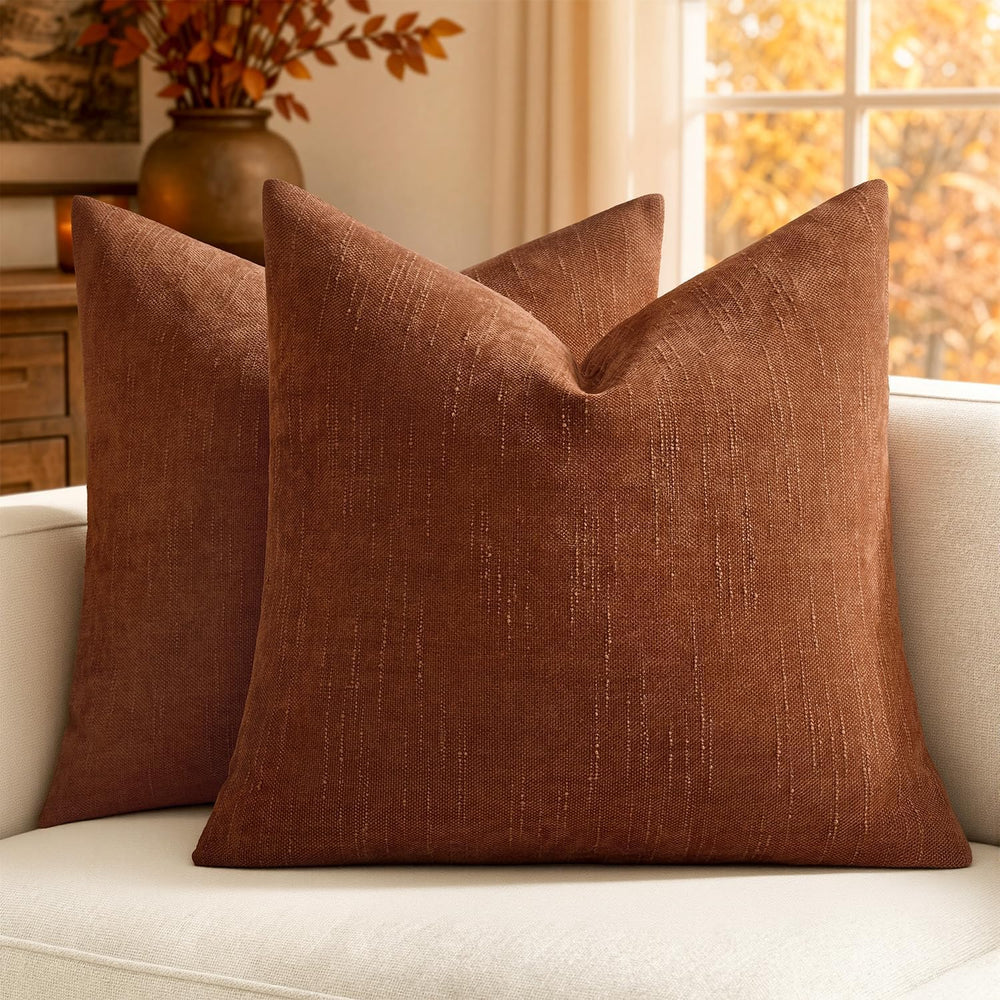 MIULEE 26x26 Inch Euro Textured Chenille Fall Throw Pillow Covers Dark Rust