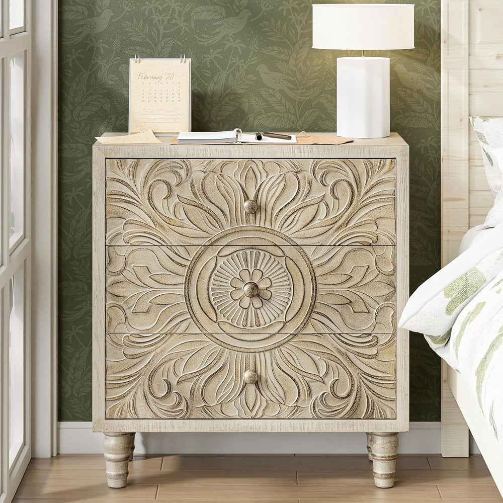 COZAYH 3-Drawer Bedroom Dresser with Carved Floral Front, Distressed Weathere...