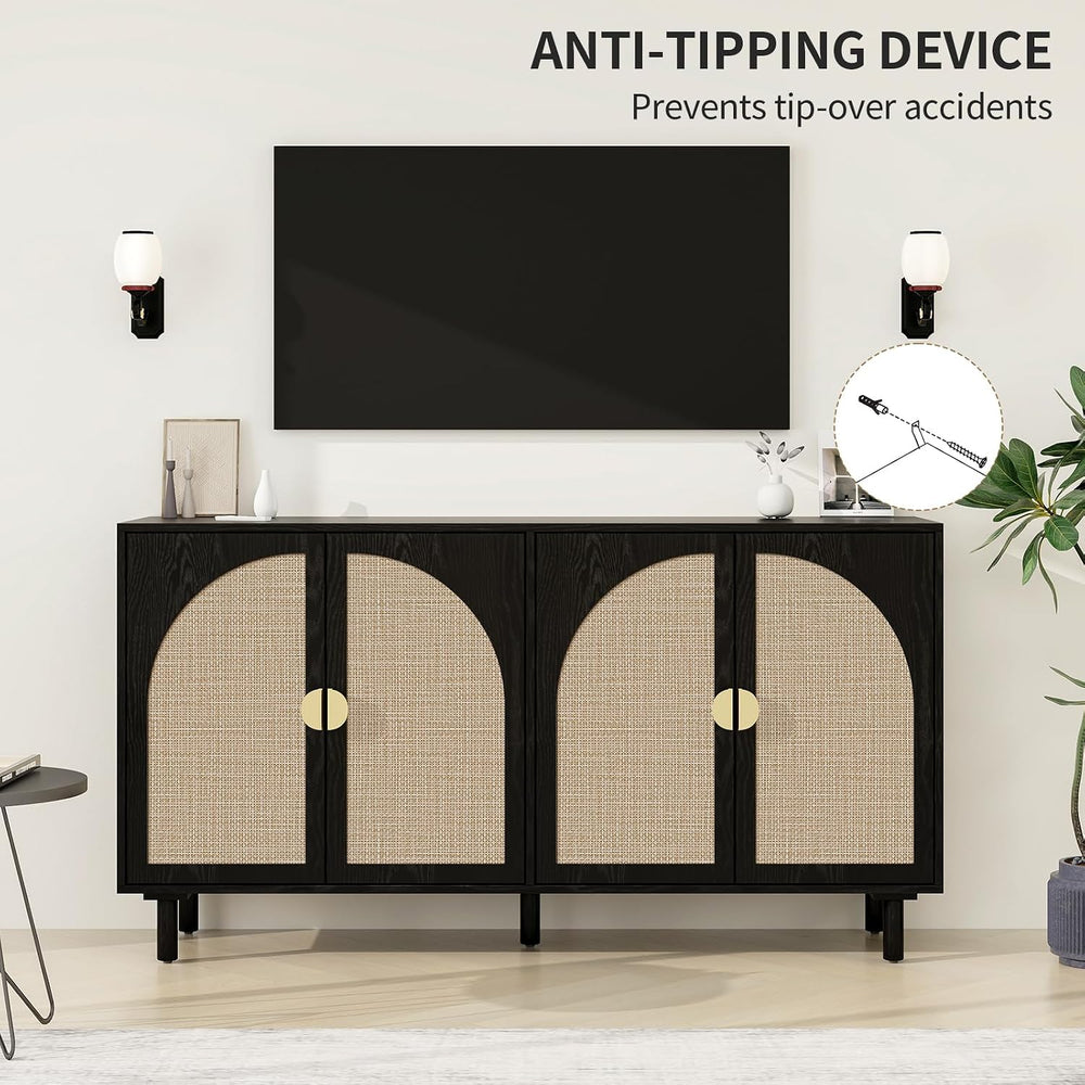 Sideboard Buffet Cabinet with Storage - Rattan 4 Door Cabinet, Accent Storage...