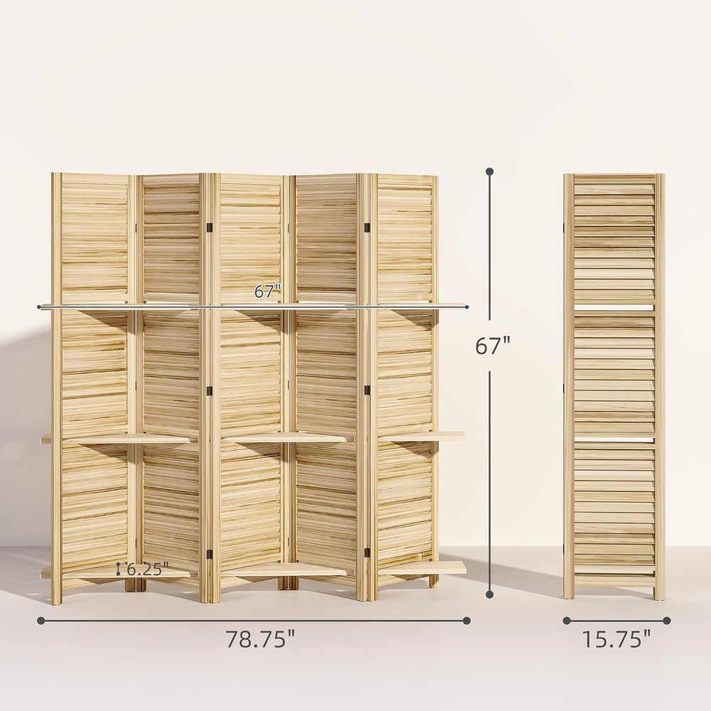 HOMCOM Room Divider with Shelves, 5 Panel, 67" Tall, Natural Wood