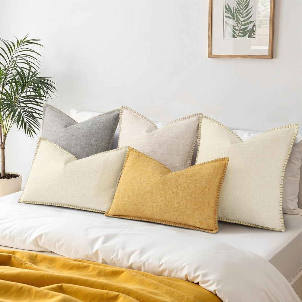 decorUhome Beige Faux Linen Outdoor Throw Pillow Covers 26x26 Set of 2