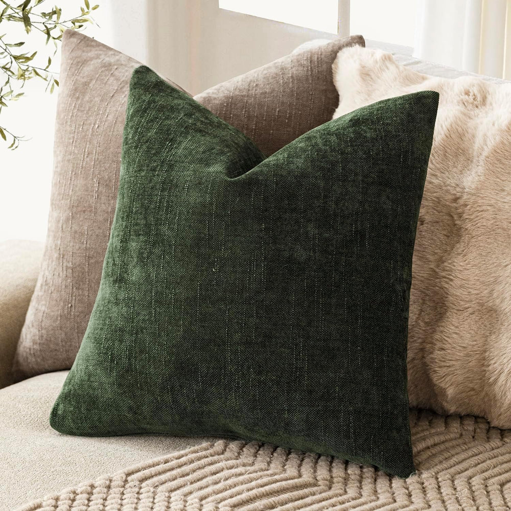 Foindtower Solid Textured Chenille Throw Pillow Covers 26x26,Dark Green