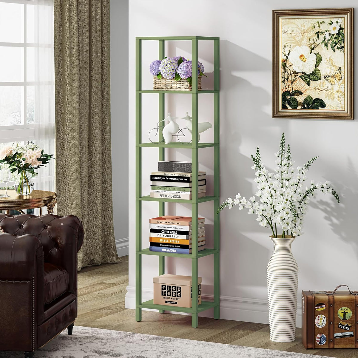 tutotak bookshelf, 6-tier tall narrow book shelf for showing dimensions