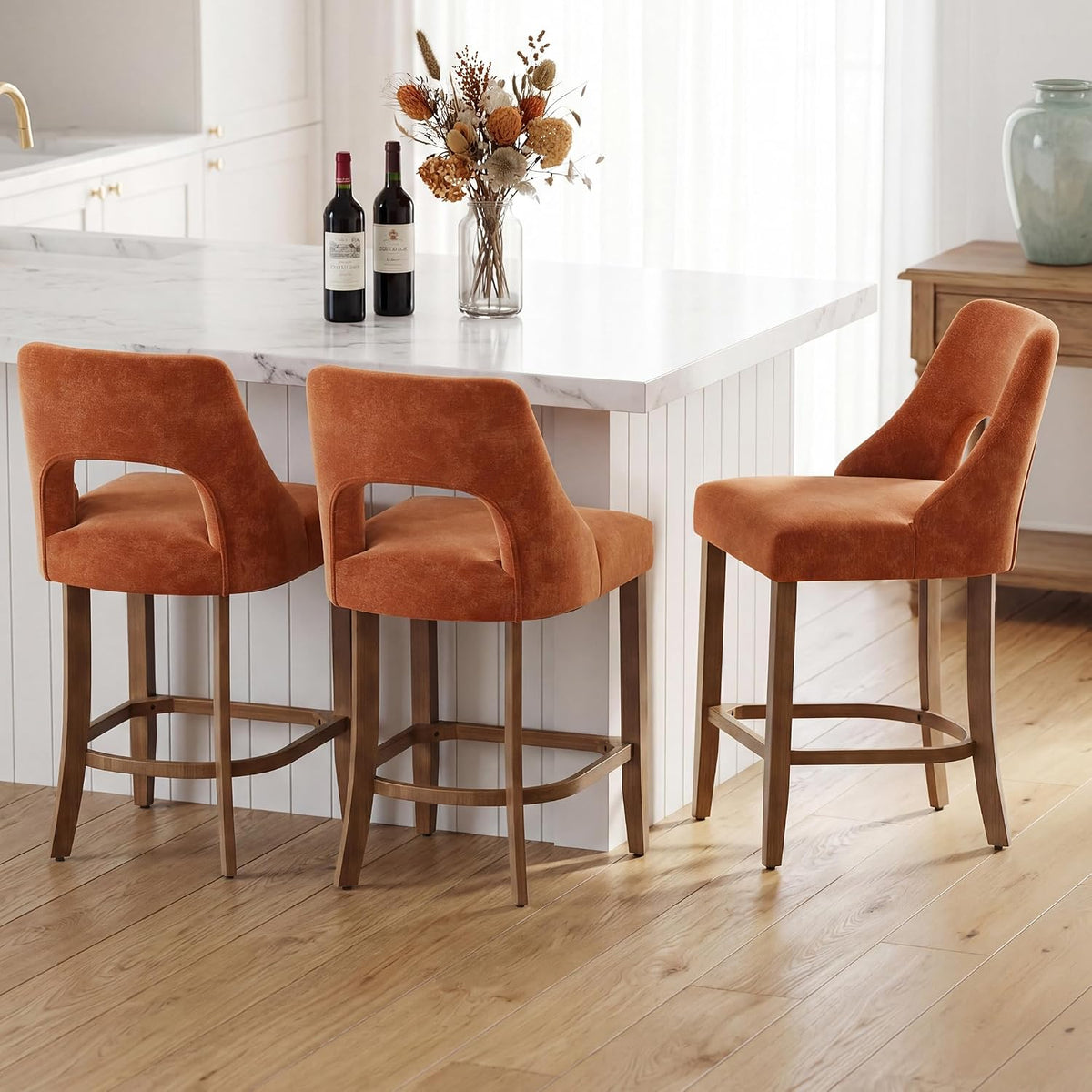 UVV Bar Stools Set of 2, Upholstered Counter Height Bar Stools, Modern Counter Stools with Wood Legs for Kitchen Island Dining Room Bar, Orange