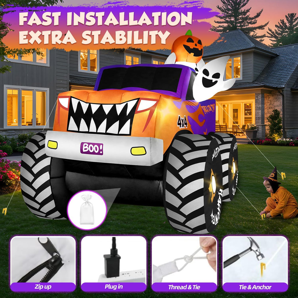 zukakii 8FT Long Halloween Inflatables Decoration Outdoor Monster Truck Car with Ghosts & Pumpkin, Giant Halloween Blow Up Yard Decorations Huge Blowups Built-in LED Light Strong Blower for Festival