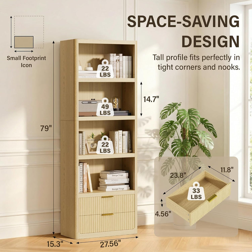YESHOMY 79" Tall Wooden Bookshelf with Drawers, Modern Fluted Bookcase w...