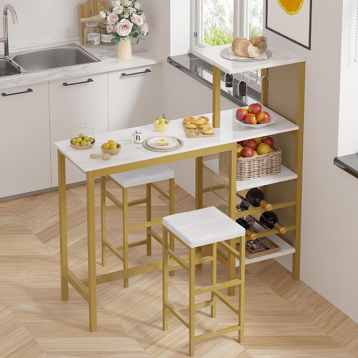 VECELO Bar Table and Chairs Set for 2, Tall Kitchen Counter Dining with Storage Shelves, Cup Holder & Wine Rack, PU Leather Cushion Stools - Small Space Solution, Gold