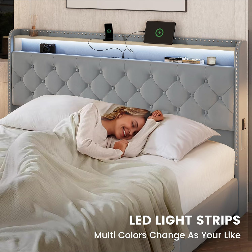 LARMACE King Bed Frame with 4 Storage Drawers, LED & Charging Station