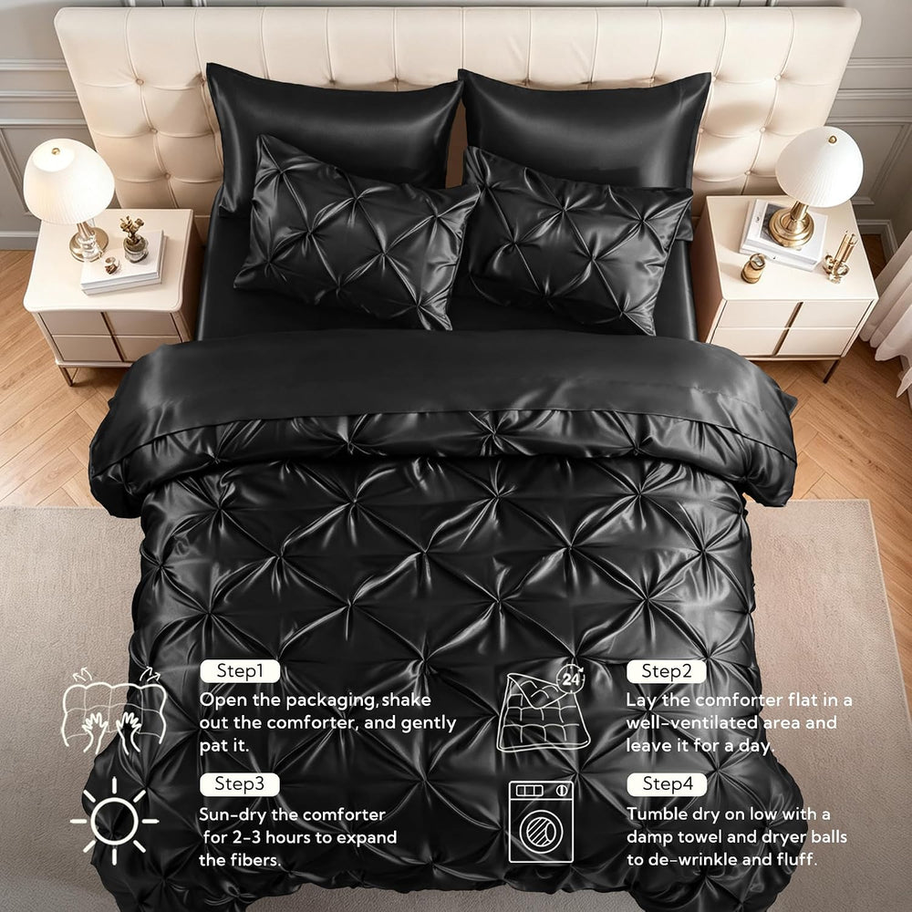 MR&HM Satin King Size Comforter Set Black, 7-Piece Pintuck Bed in A Bag