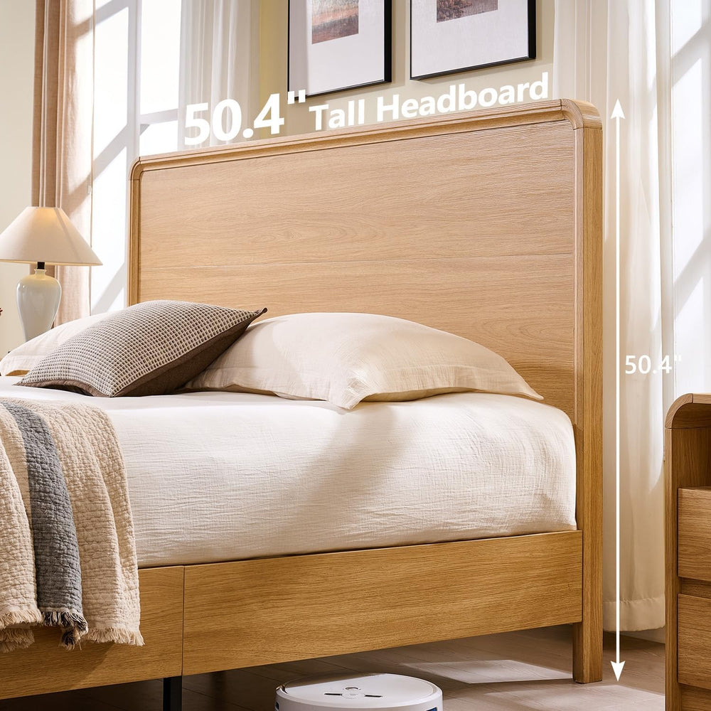 Aitjunz Modern King Size Bed Frame with 50" Tall Headboard, Natural Oak
