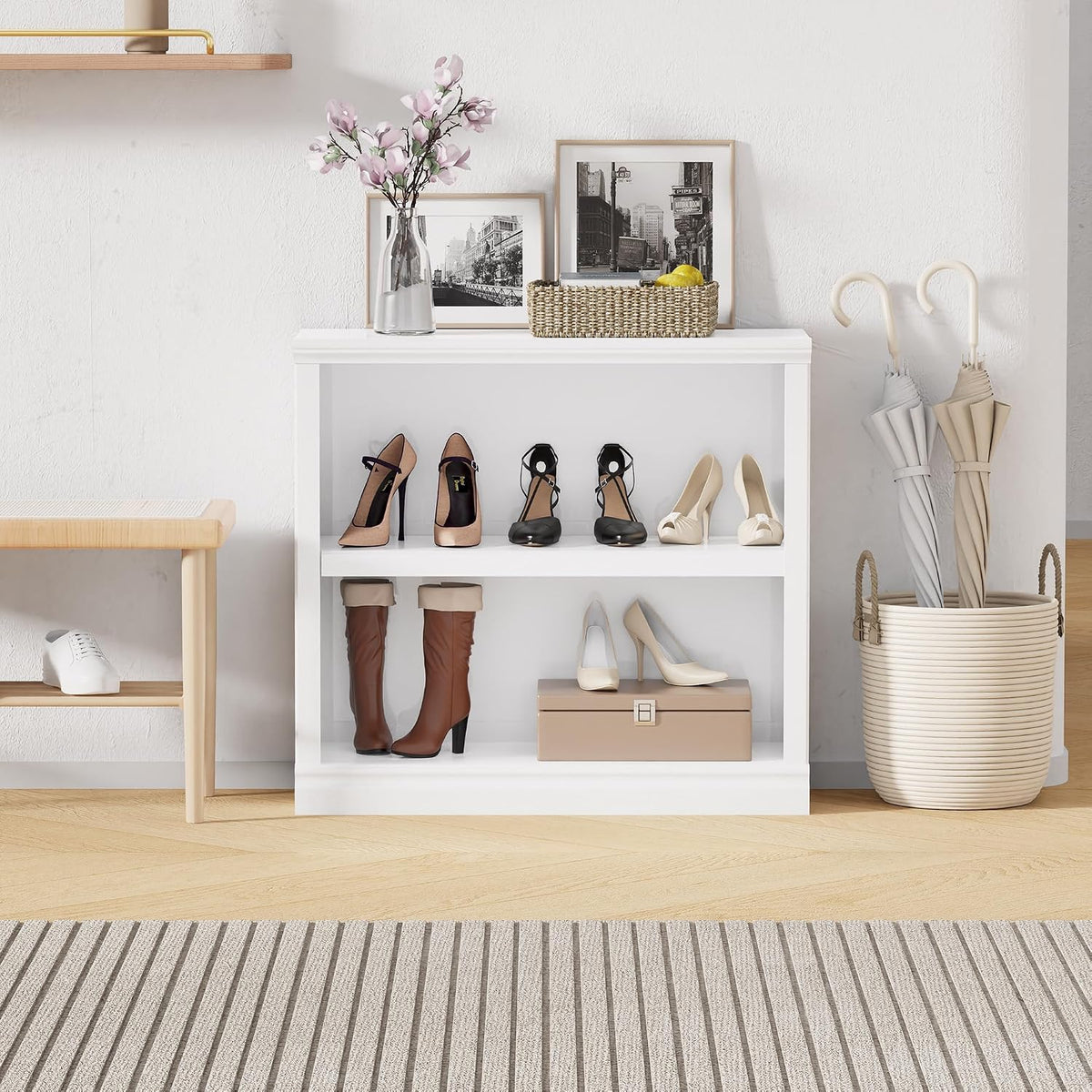 blini 2-shelf white bookcase wooden bookshelves 33in wide on a desk or shelf