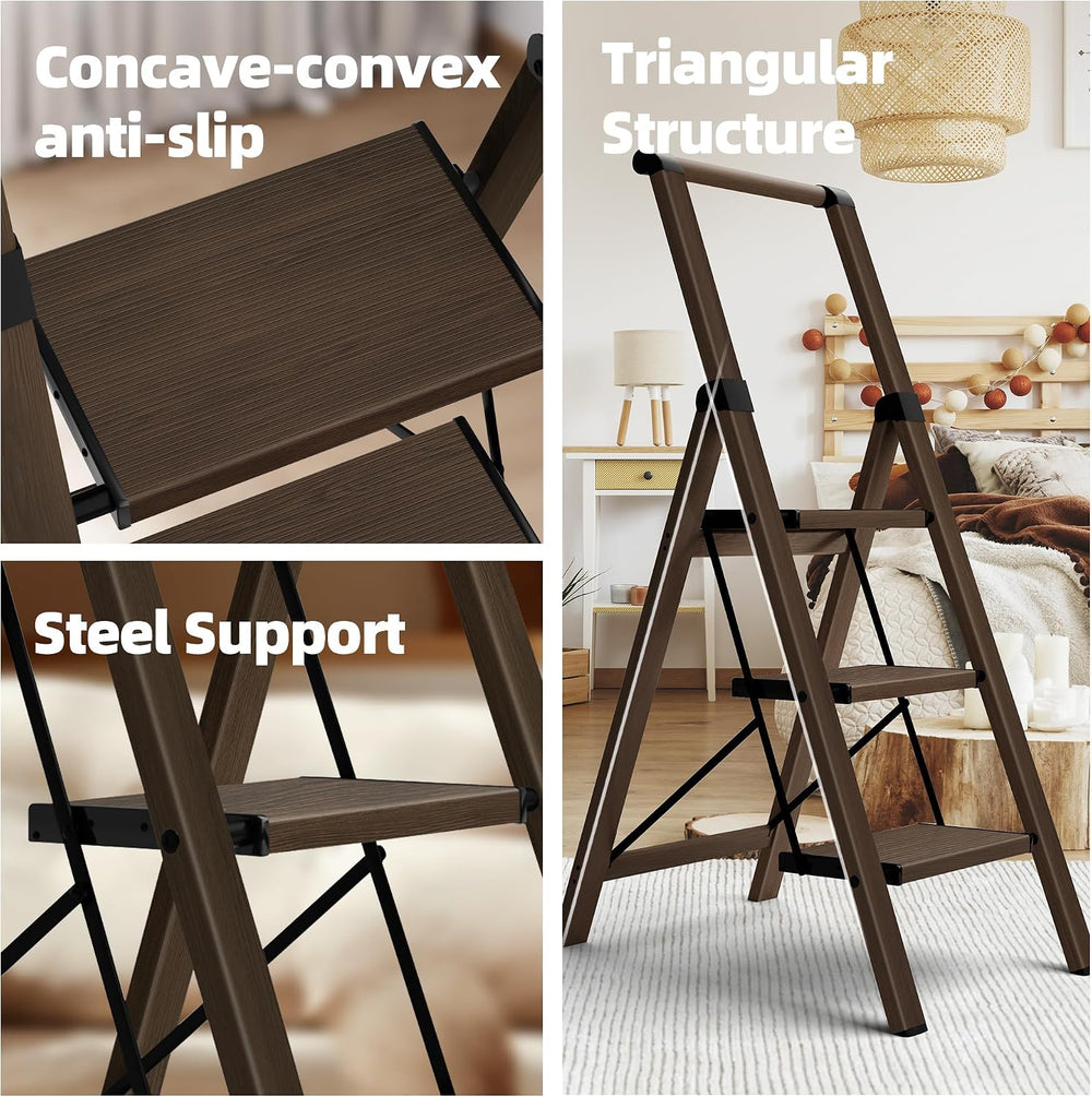 HillhutApex Aluminum 3 Step Ladder, Step Stool Foldable Ladder(Walnut)