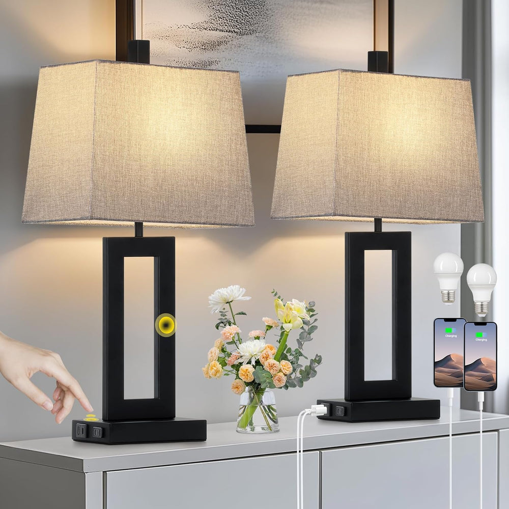 Cinkeda Bedside Table Lamp Set of 2,Nightstand Touch Lamps with USB Port