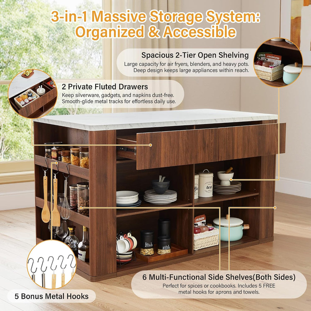59" Kitchen Island with Storage & Seating for 2, Modern Stationary K...