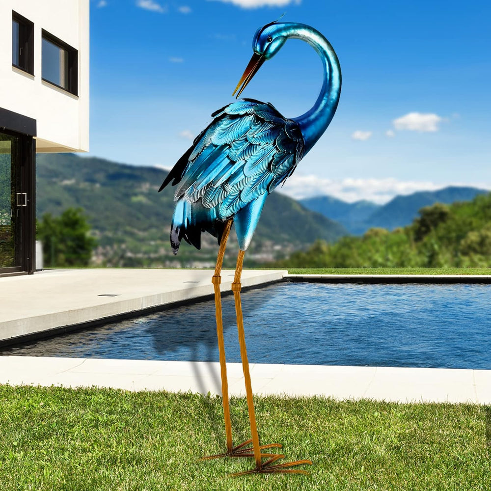 chisheen Crane Garden Statues, Metal Garden Crane Outdoor, Blue Heron Sculptu...