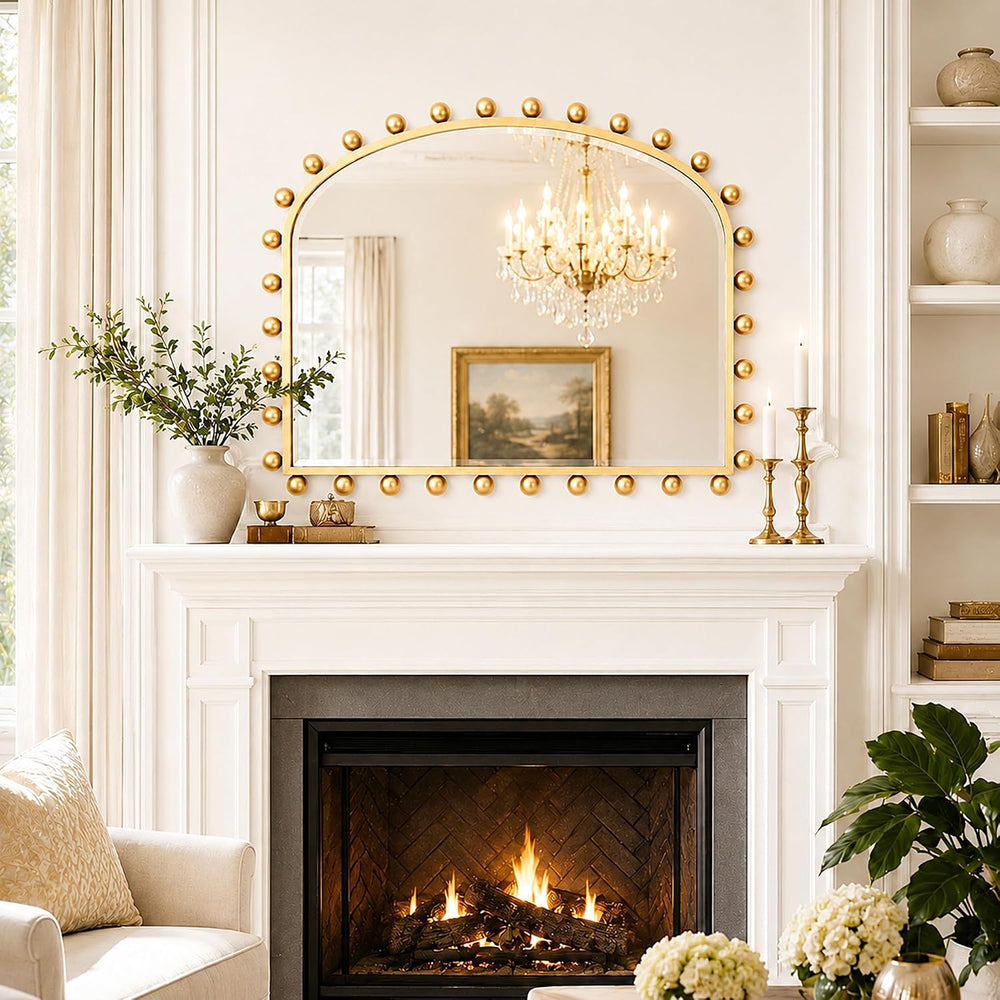 36"x28" Wide Arch Wall Mirror, Antique Gold Ball Frame for Mantel