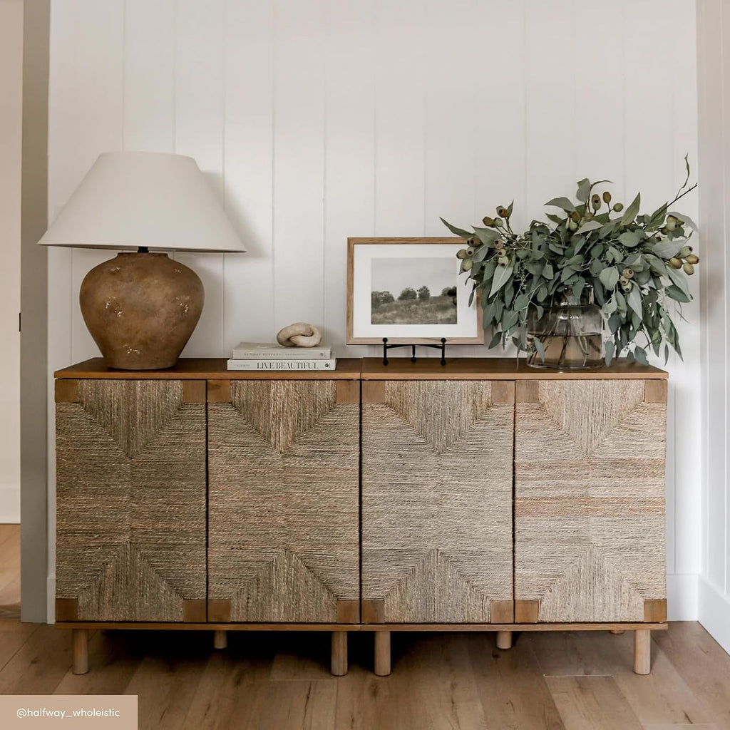 Nathan James Beacon Accent Buffet Sideboard Cabinet, Natural Light Wood Storage with Adjustable Interior Shelf and Seagrass Doors, for Hallway, Entryway or Dining Room, Light Brown