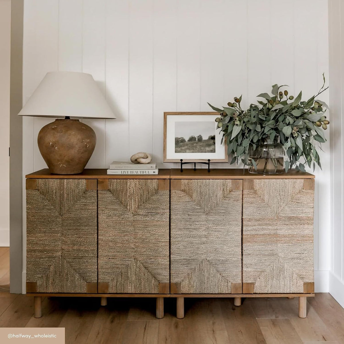 Nathan James Beacon Accent Buffet Sideboard Cabinet, Natural Light Wood Storage with Adjustable Interior Shelf and Seagrass Doors, for Hallway, Entryway or Dining Room, Light Brown