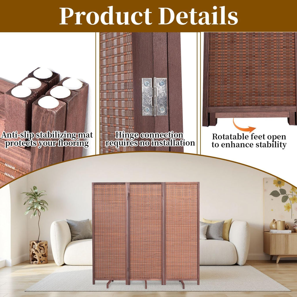 Bamboo Room Divider 3 Panel 47" H, 360°Rotating Feet Privacy Screen,Brown