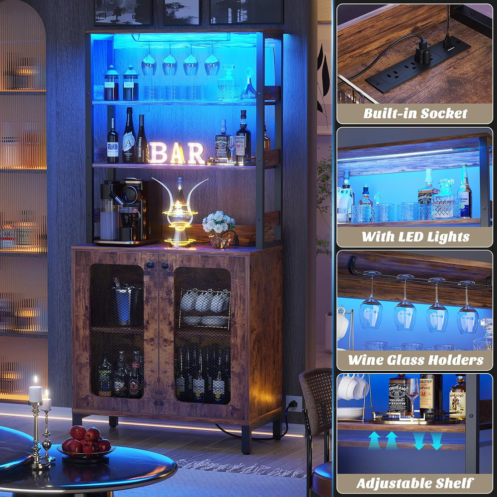 Aheaplus Bar Cabinet with Power Outlets, LED Lights, 67" Tall Wine Cabinet