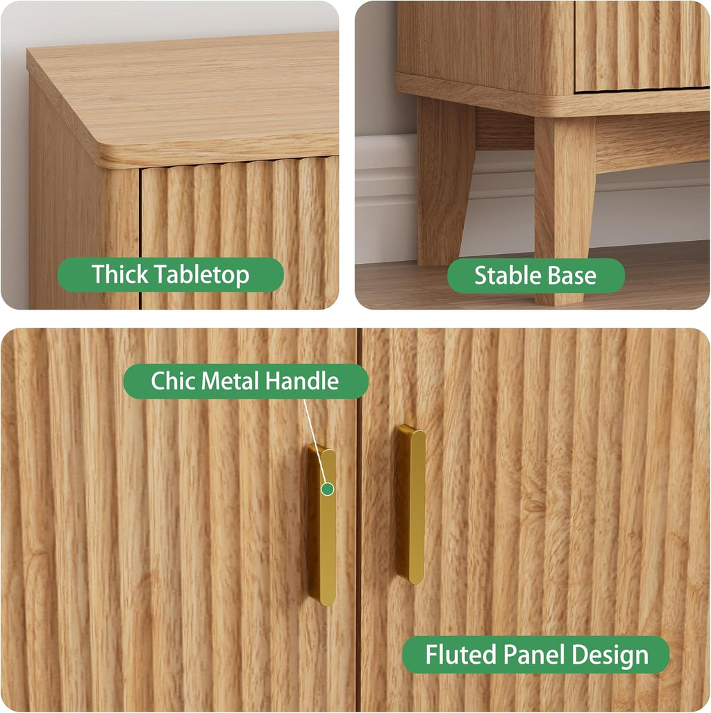 Xixini Fluted Sideboard Buffet Cabinet, 30" Wood Coffee Bar Cabinet, Oak
