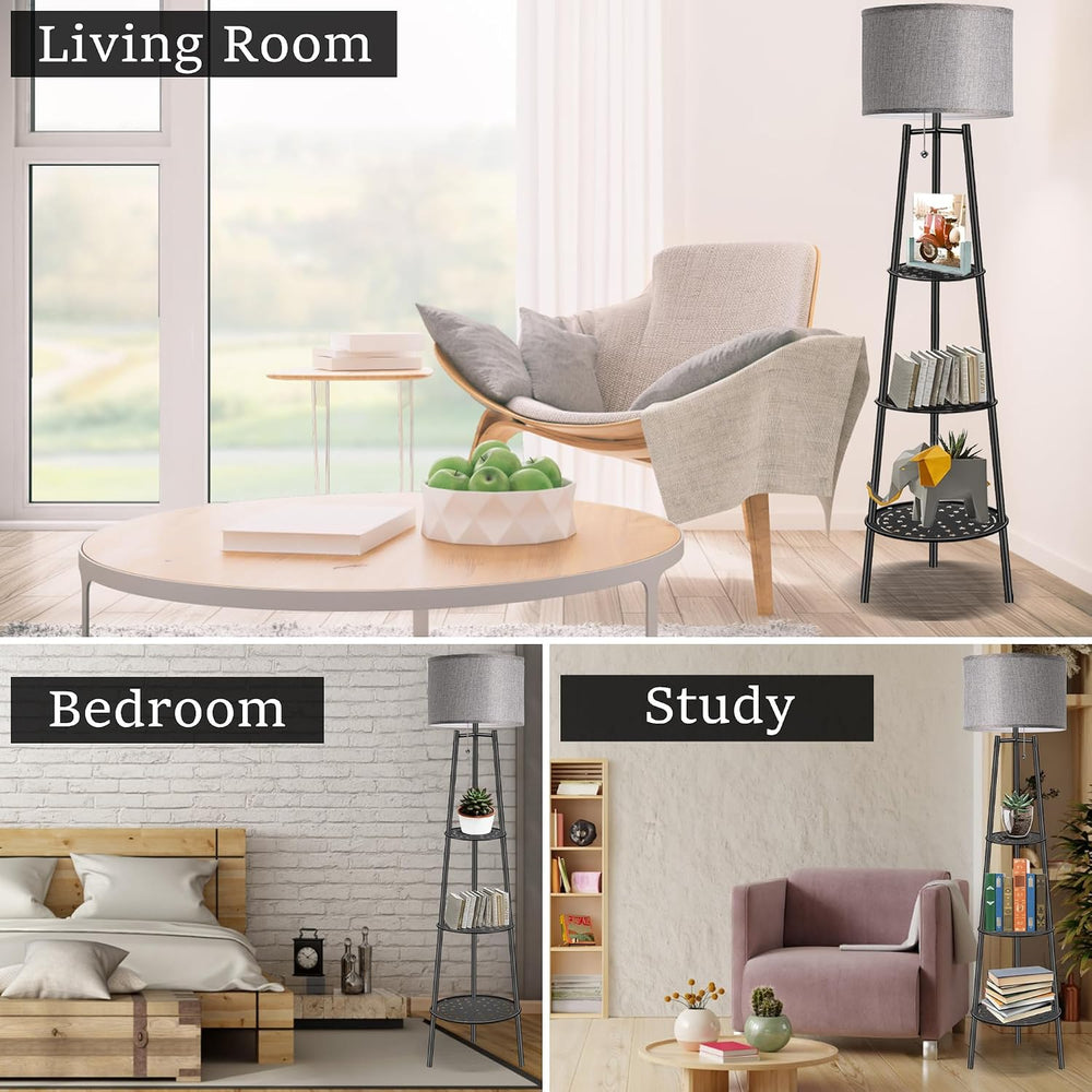 Floor Lamp with Shelves, Gray Shade Standing Lamp