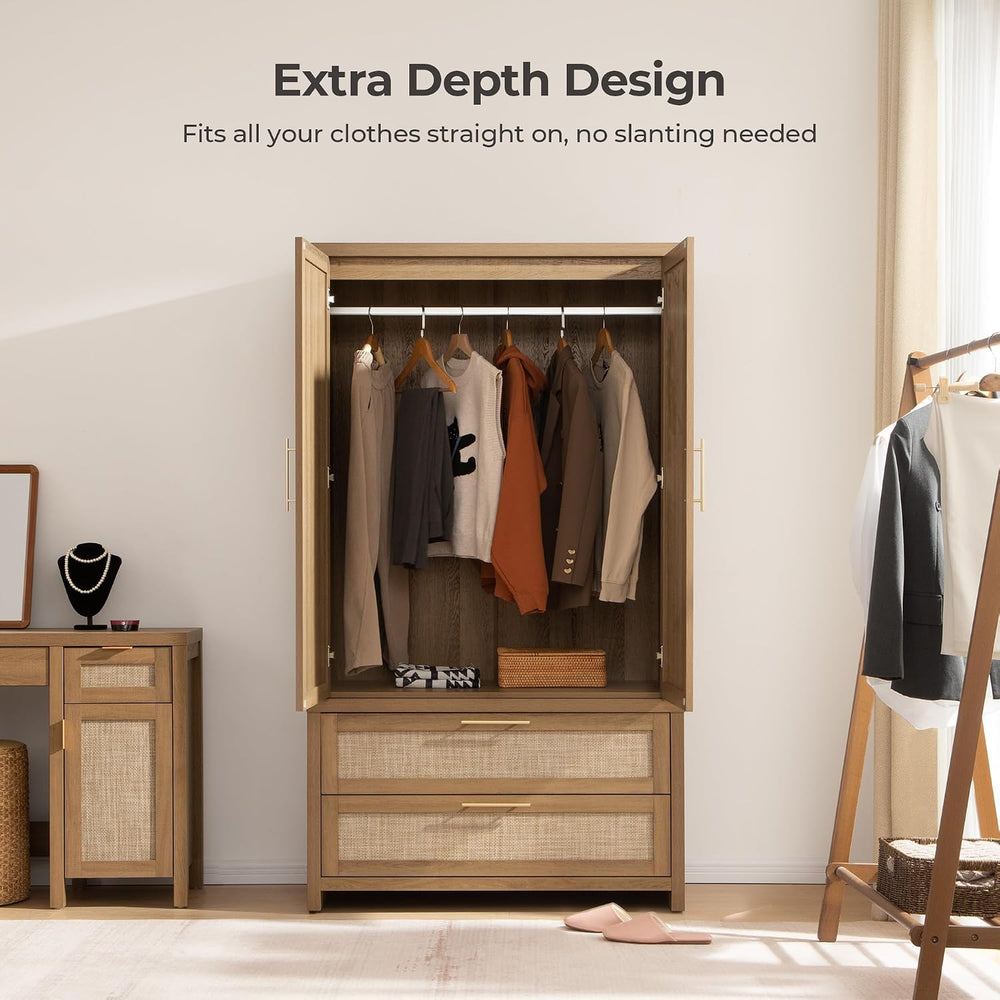 SICOTAS Rattan Armoire Wardrobe Closet, 71 inch Boho Wardrobe with Drawers