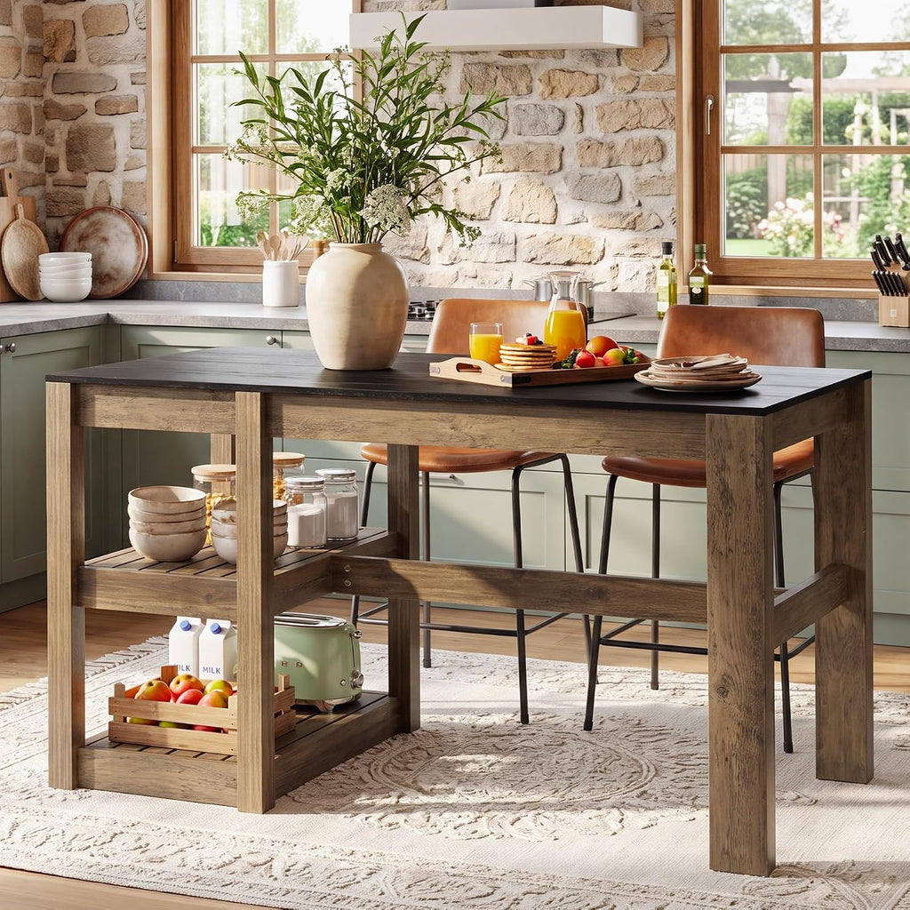 Tribesigns 55" Kitchen Island with Storage Shelves, Rustic Brown and Black | Farmhouse Wood Stationary Island Table for Dining/Living Room, Kitchen, 2-Tier, Spacious Countertop, Easy to Assemble