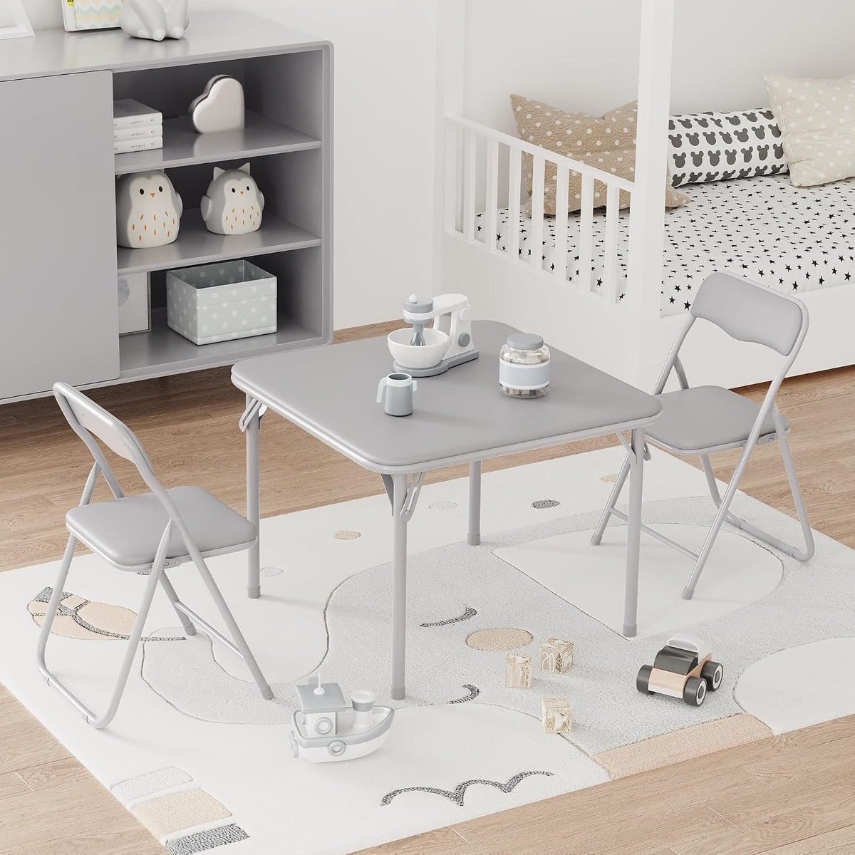 IDEALHOUSE Boys and Girls Folding Table and Chairs Set of 3, Portable Table and Chair with Pu Soft Cushion,Suitable for Eating,Reading and Playing (Grey)